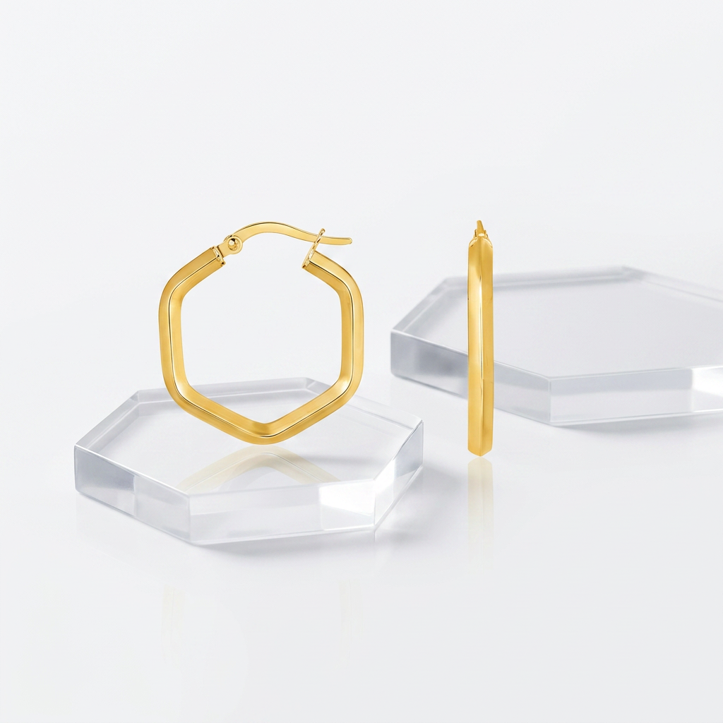 14k yellow gold hexagon hoop earrings, polished, Avera Group, view 3