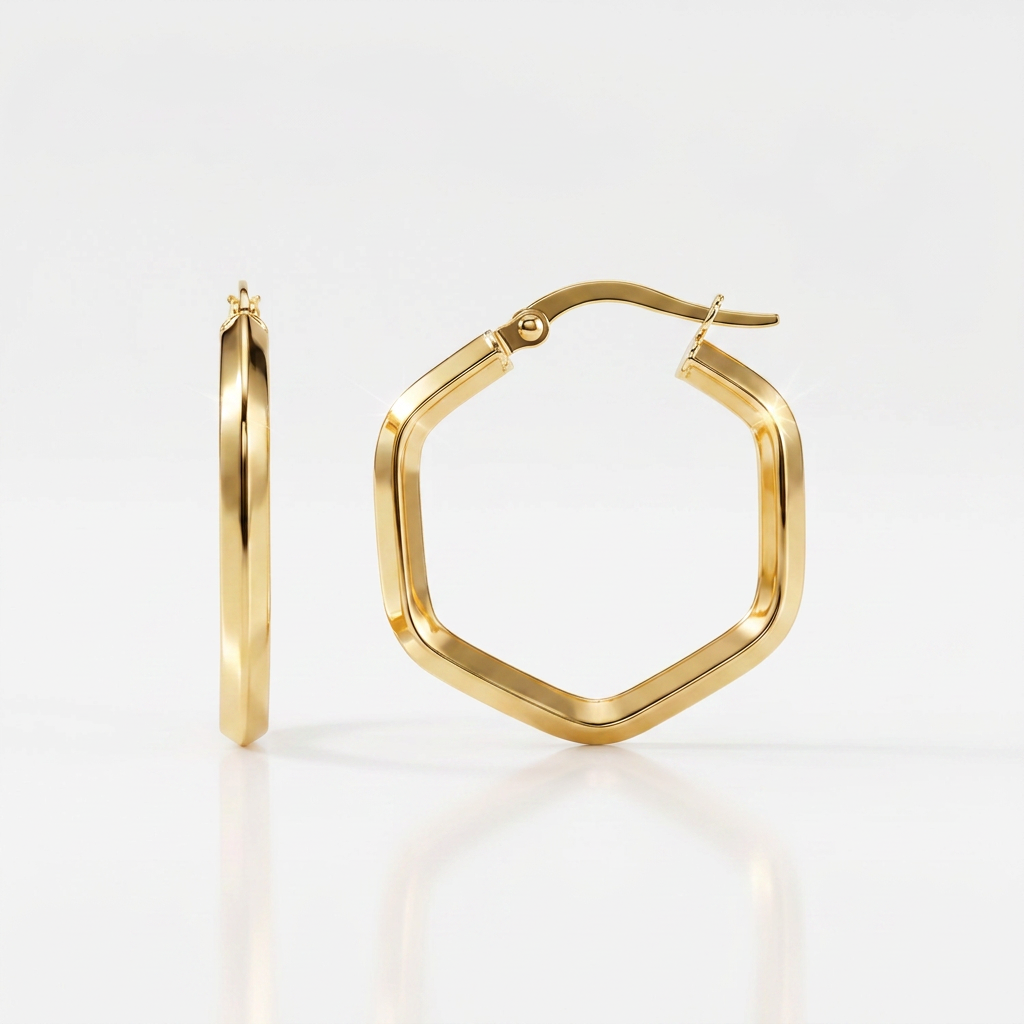 14k yellow gold hexagon hoop earrings, polished, Avera Group, view 4
