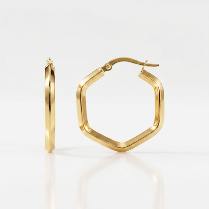 14k yellow gold hexagon hoop earrings, polished, Avera Group, view 4