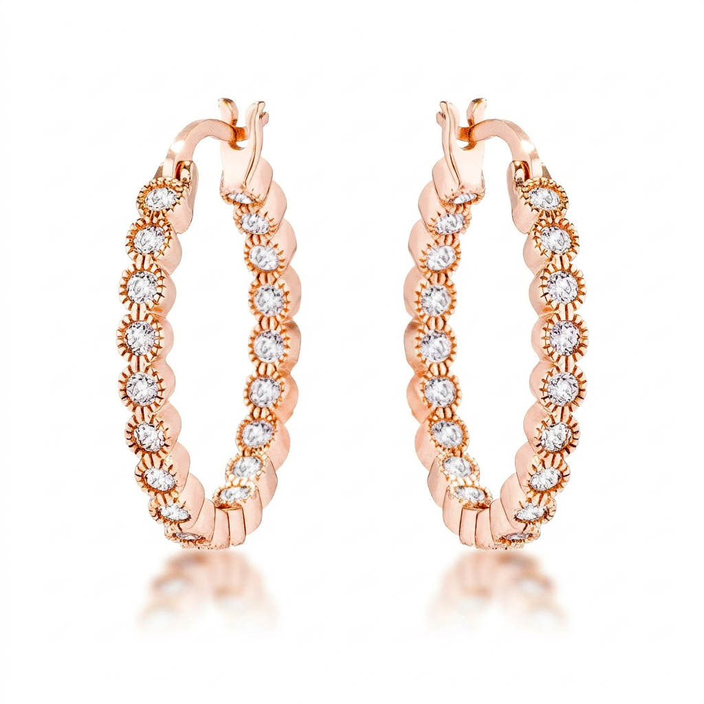 Avera Dotted CZ Round Bezel Hoop Earrings in Pink by Avera Group