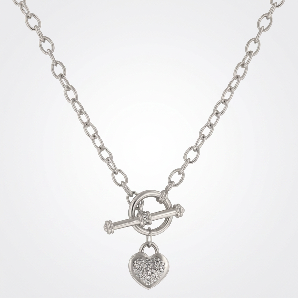 Avera Toggle Pave Heart Necklace in Polished Silver by Avera Group