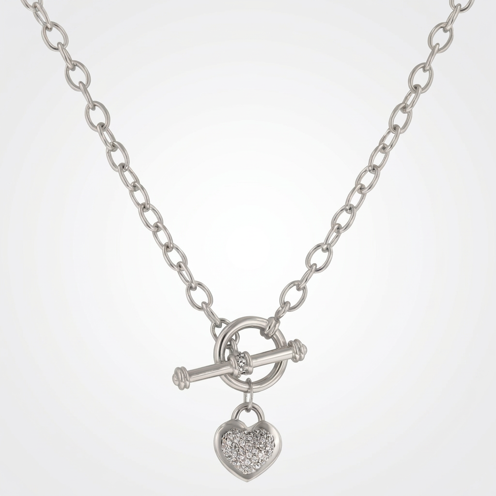 Avera Toggle Pave Heart Necklace in Polished Silver by Avera Group