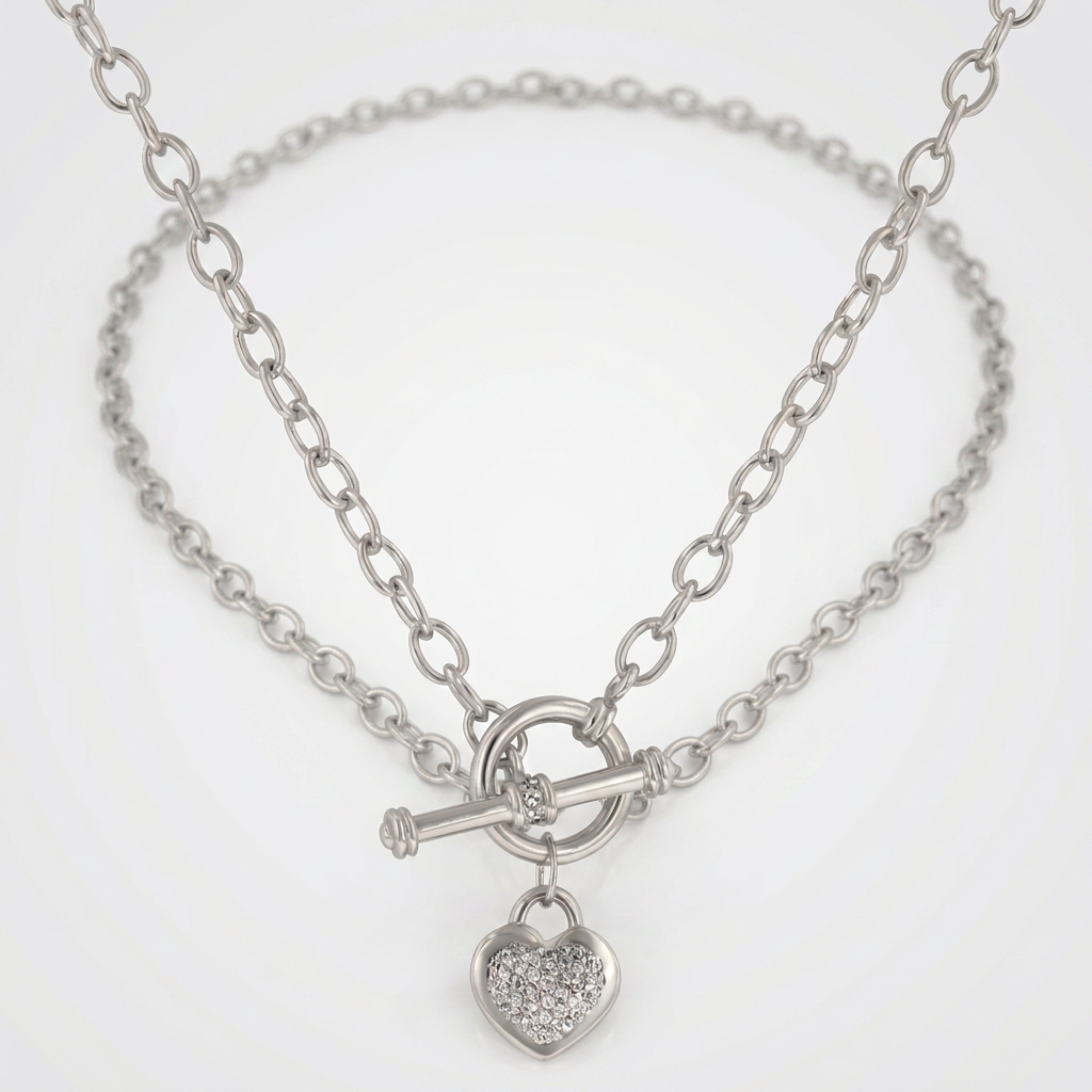 Avera Toggle Pave Heart Necklace in Polished Silver by Avera Group