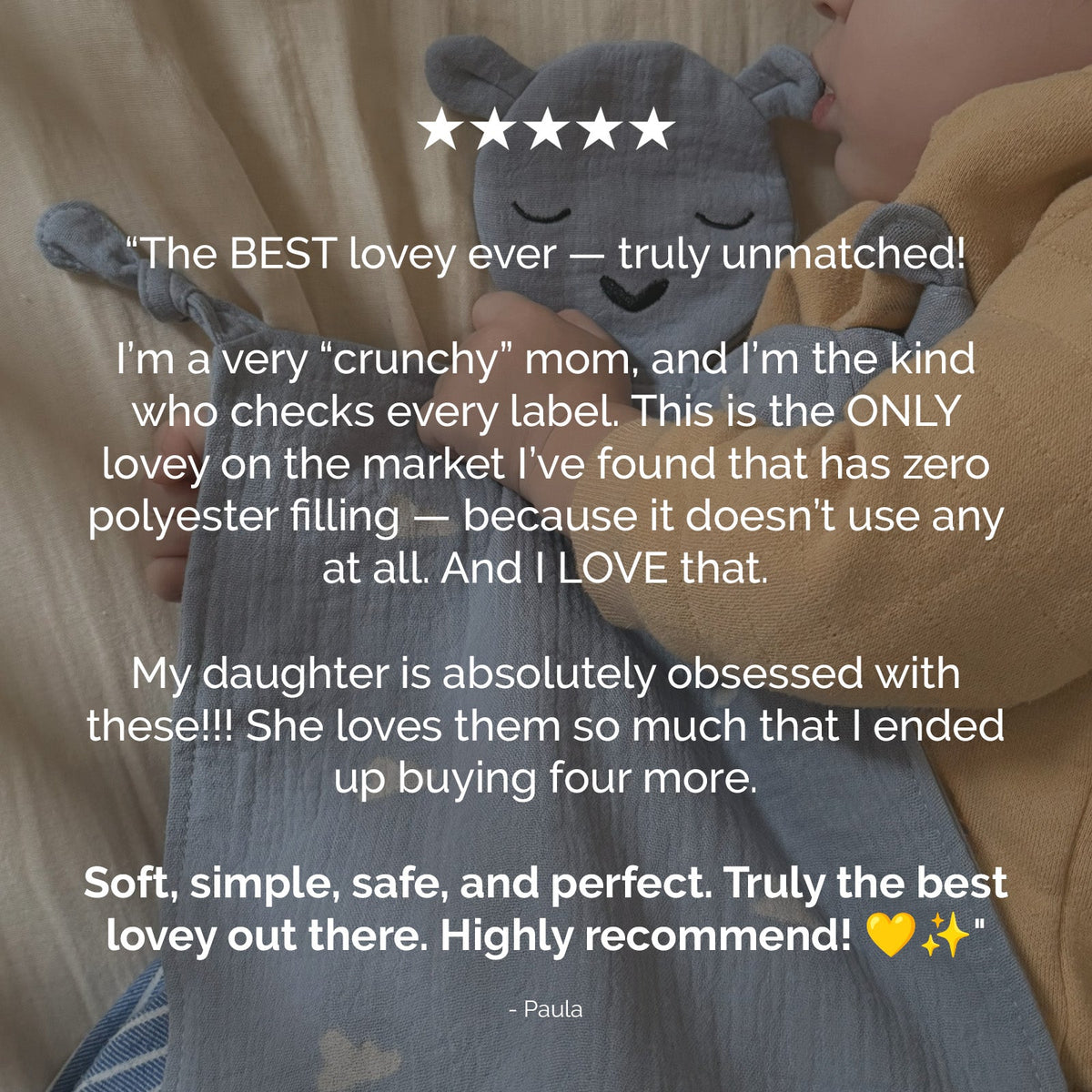 Customer review graphic for the Parker Baby Co. muslin lovey