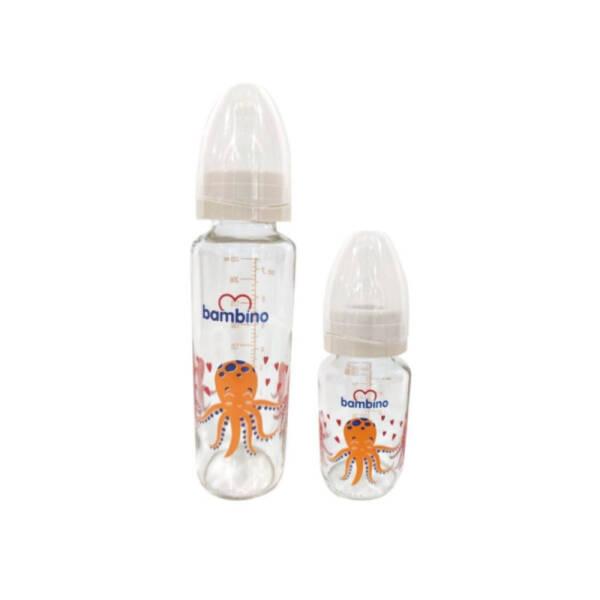 Bambino Glass Baby Bottle Set - 2 Piece, Slow Flow, Krem - Ahtapot Design by Beauty Care Bag