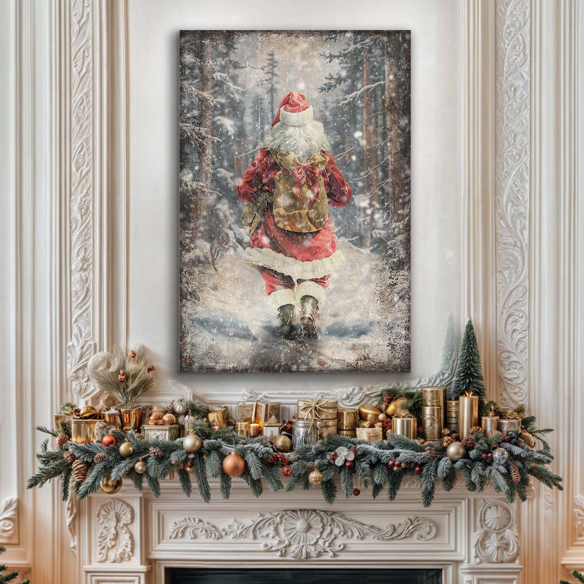 Vintage Santa Claus in Winter Forest Christmas Wall Art II by Tailored Canvases