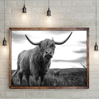 Highland Cow Black And White Portrait Canvas Wall Art by Tailored Canvases