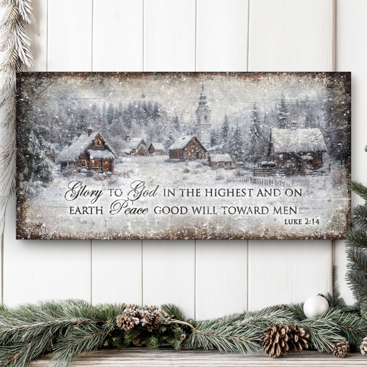 Vintage Christmas Village Luke 2:14 Scripture Sign by Tailored Canvases