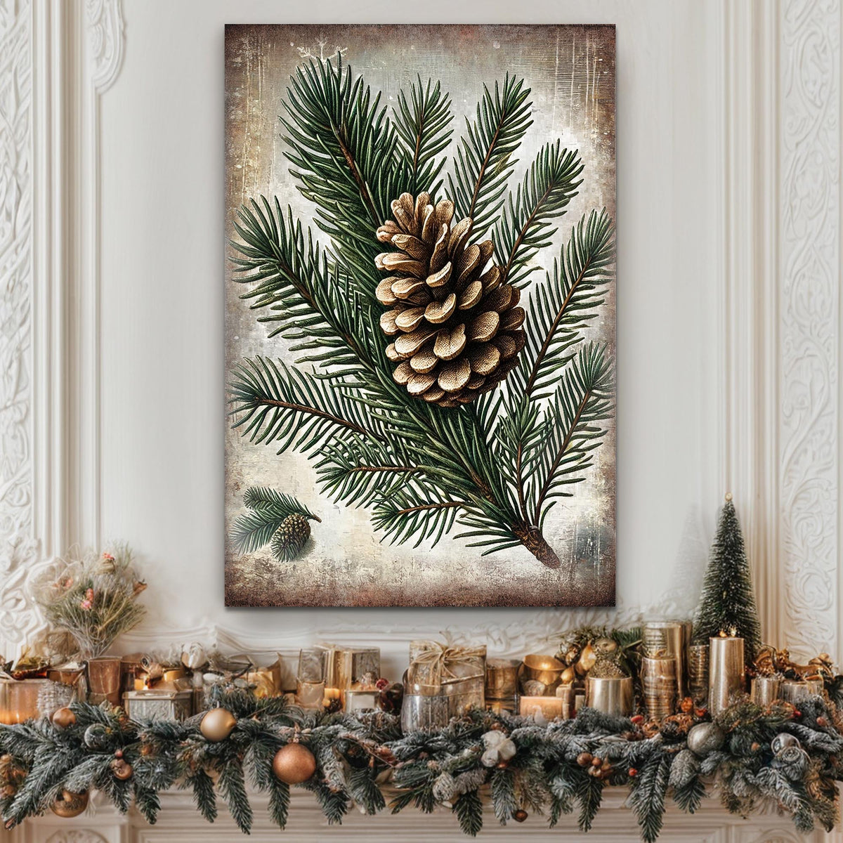 Vintage Winter Pine Cone Christmas Wall Art by Tailored Canvases