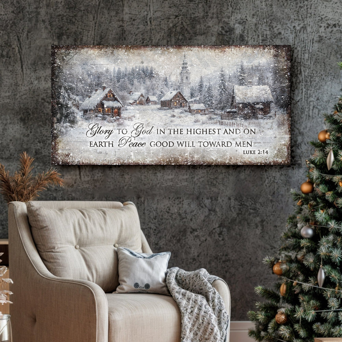 Vintage Christmas Village Luke 2:14 Scripture Sign by Tailored Canvases