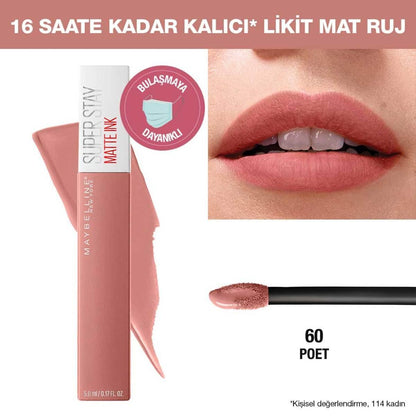 Maybelline Super Stay Matte Ink Liquid Matte Lipstick - 16H Long Lasting, Transfer Resistant Unnude Poet Lip Color by Beauty Care Bag