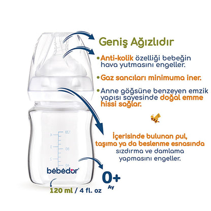 Bebedor Glass Baby Bottle: Heat Resistant, Wide Neck, Anti-Colic & Leak-Proof - Newborn Feeding Essential by Beauty Care Bag