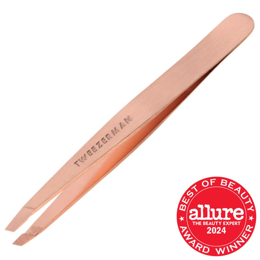 Rose gold precision slant tweezer for eyebrow shaping