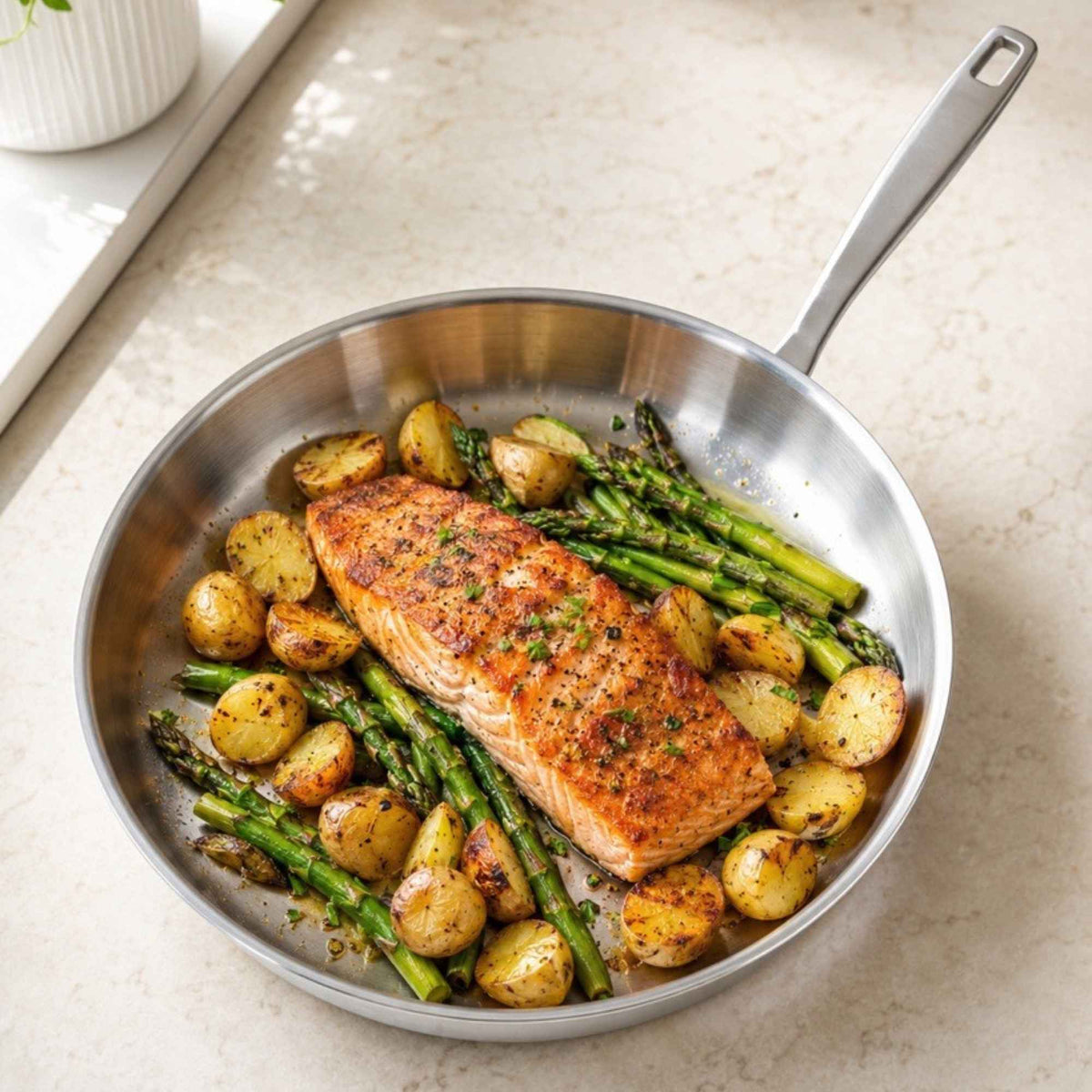 Alva stainless steel frying pan roasting salmon and vegetables