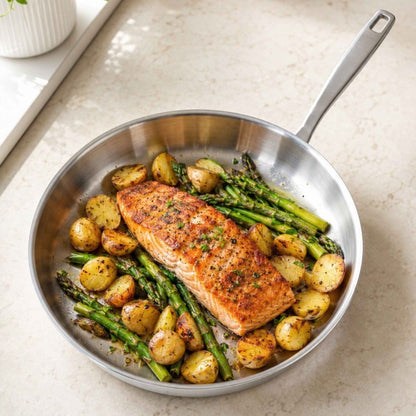 Alva stainless steel frying pan roasting salmon and vegetables