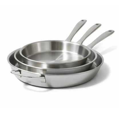 Three Alva 5-ply stainless steel frying pan sizes nested
