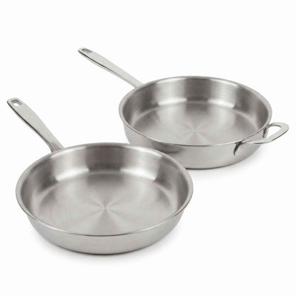 Two Alva 5-ply stainless steel frying pans