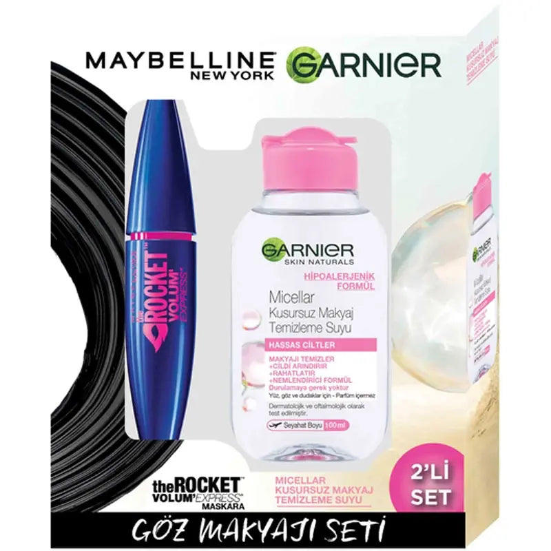 Maybelline Rocket Volume Mascara & Garnier Micellar Water Set by Beauty Care Bag