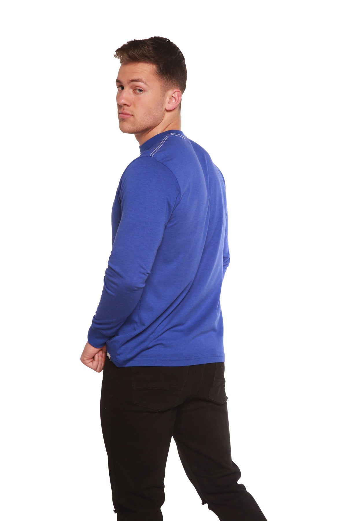 Men's long sleeve crew neck T-shirt in bamboo viscose and organic cotton with contrast stitching