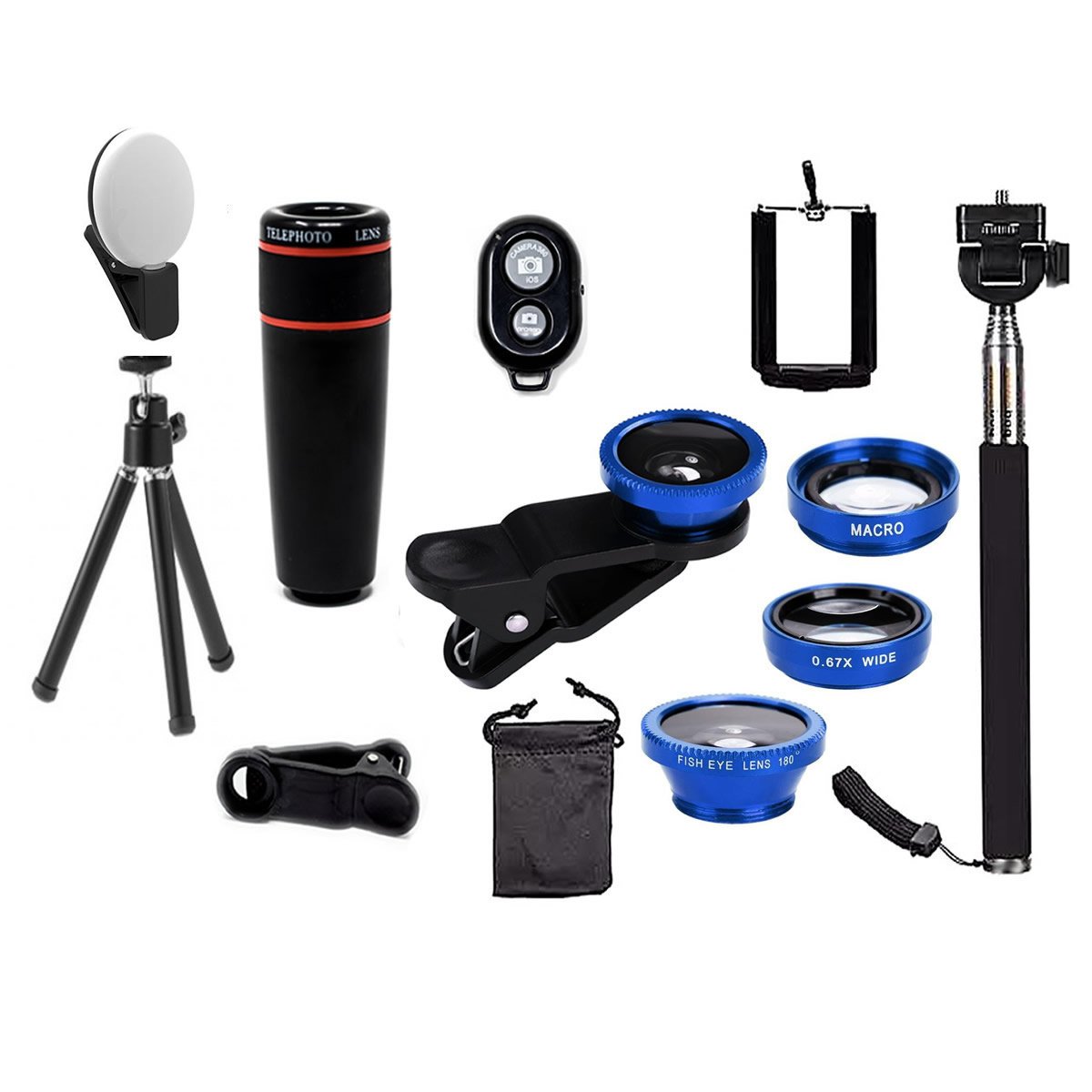 11-in-1 smartphone lens kit in blue, Salmon Lucky