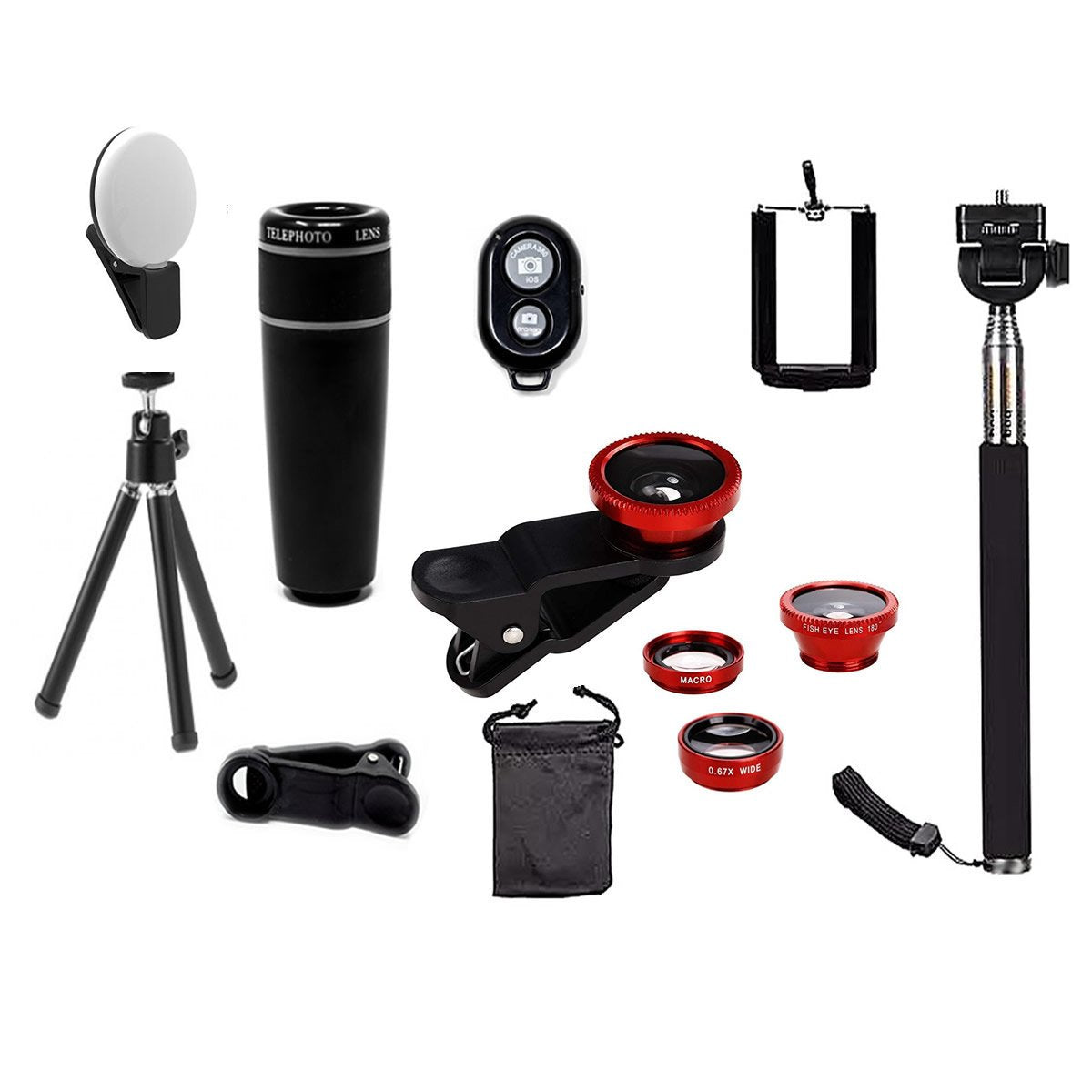 11-in-1 smartphone lens kit in red, Salmon Lucky