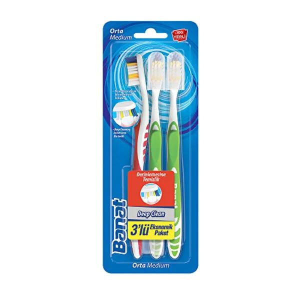 Banat Manual Toothbrush Deep Clean 3-Pack - Ergonomic Handle, Protective Cap - Effective Oral Hygiene by Beauty Care Bag