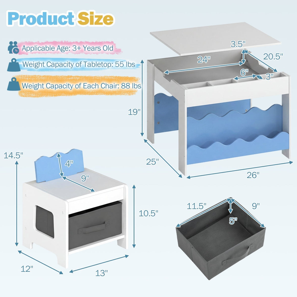 Multi-purpose Activity Kids Table and Chairs Set with Double-sided TabletopTorqelo.com