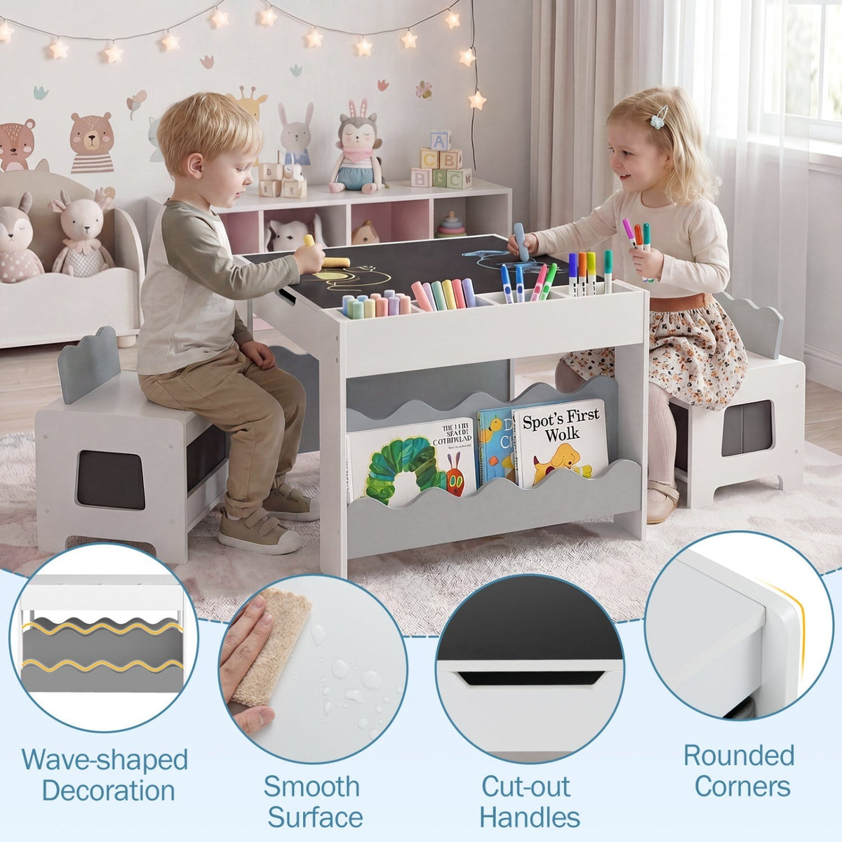Multi-purpose Activity Kids Table and Chairs Set with Double-sided TabletopTorqelo.com
