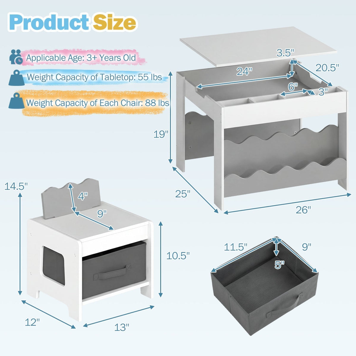 Multi-purpose Activity Kids Table and Chairs Set with Double-sided TabletopTorqelo.com