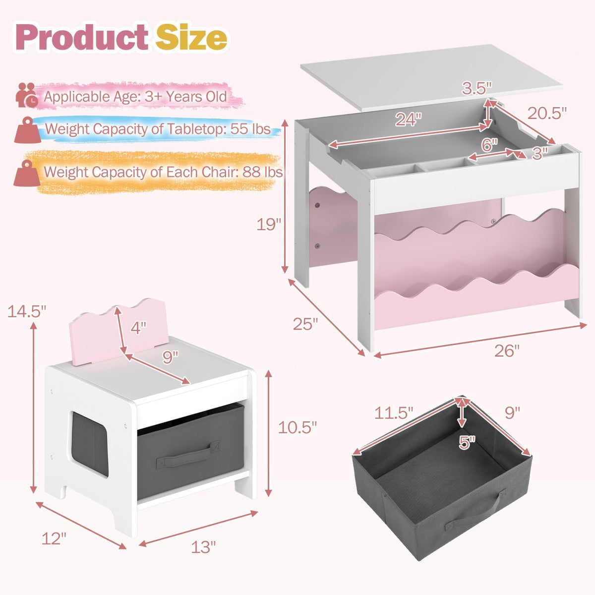 Multi-purpose Activity Kids Table and Chairs Set with Double-sided TabletopTorqelo.com