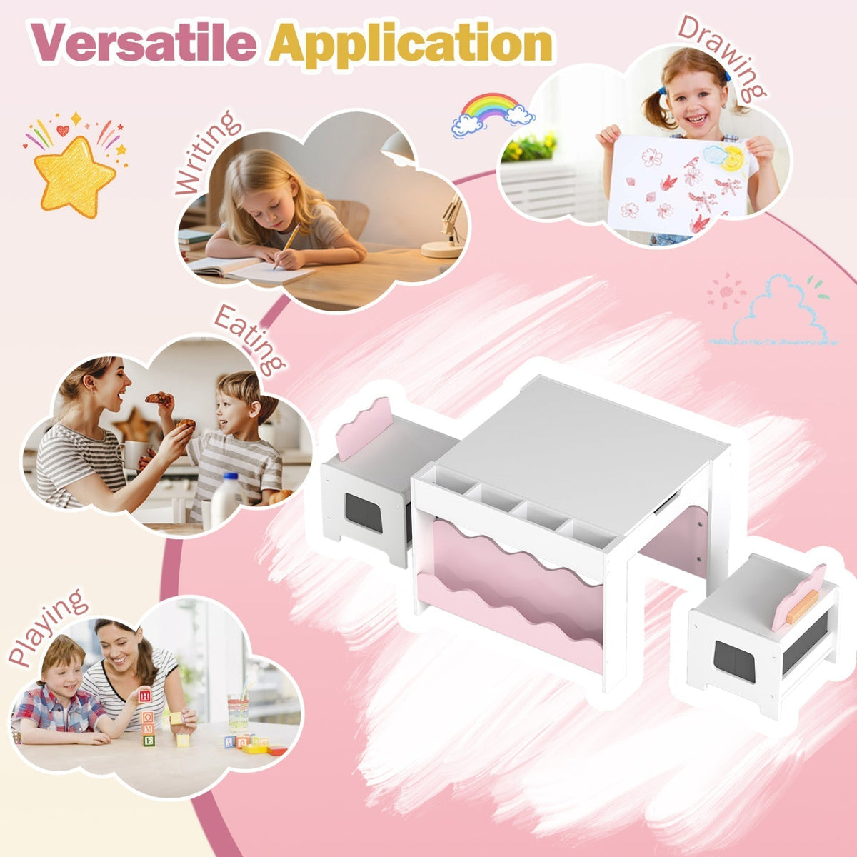 Multi-purpose Activity Kids Table and Chairs Set with Double-sided TabletopTorqelo.com