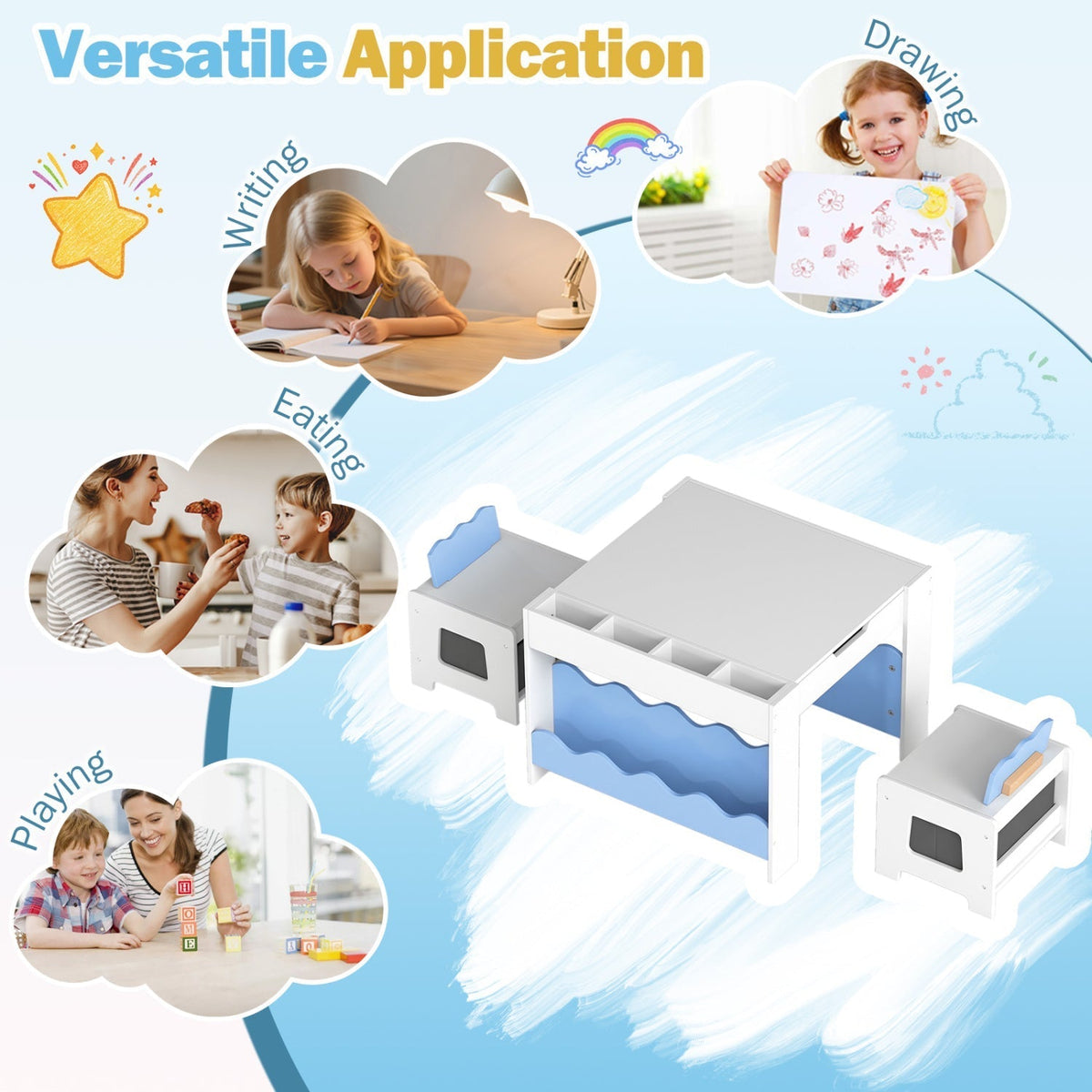 Multi-purpose Activity Kids Table and Chairs Set with Double-sided TabletopTorqelo.com