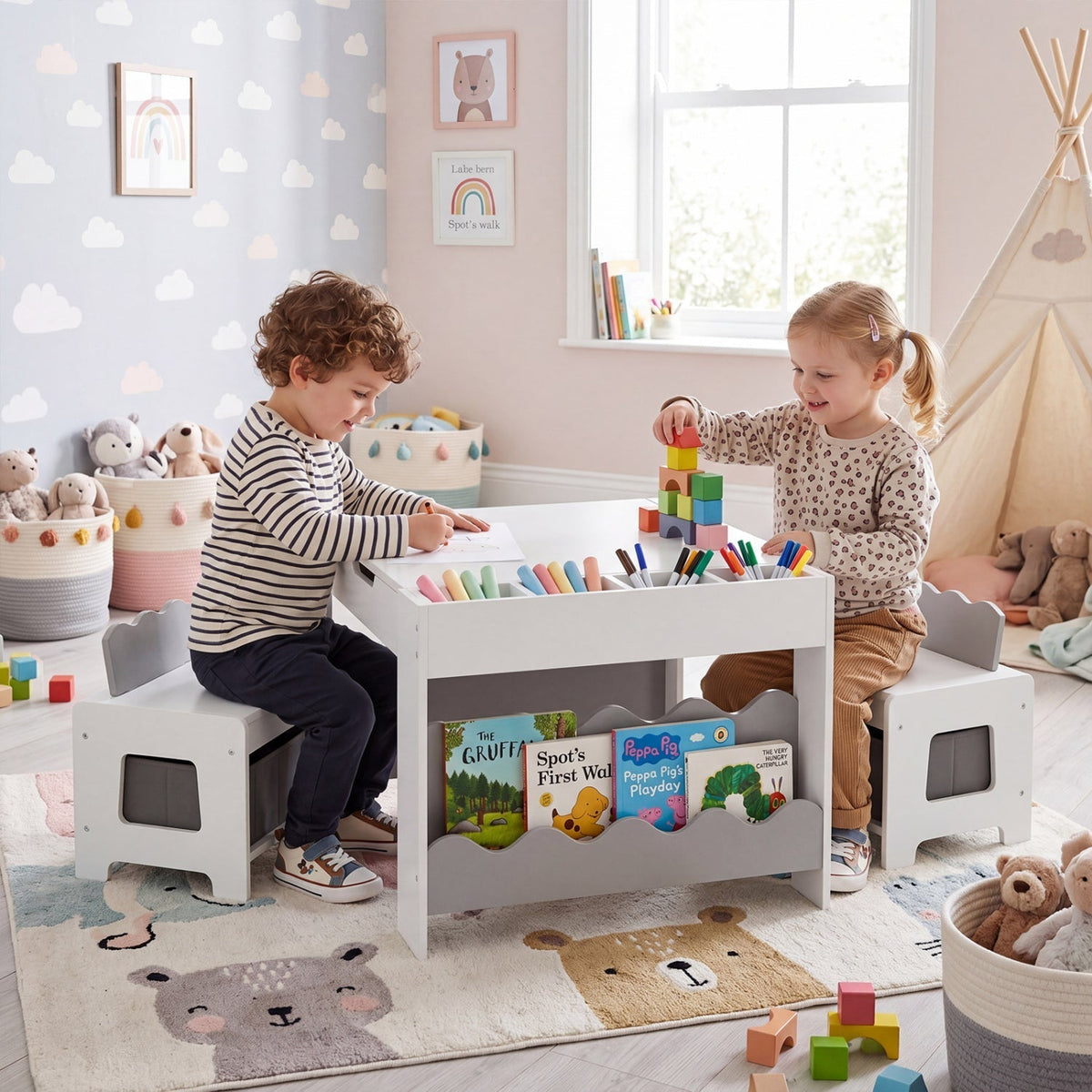 Multi-purpose Activity Kids Table and Chairs Set with Double-sided TabletopTorqelo.com
