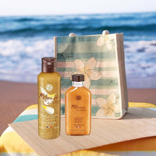 Monoi Luxurious Bath and Body Care Set with Exfoliating Shower Oil, Nourishing Hair and Body Oil, and Canvas Bag by Beauty Care Bag