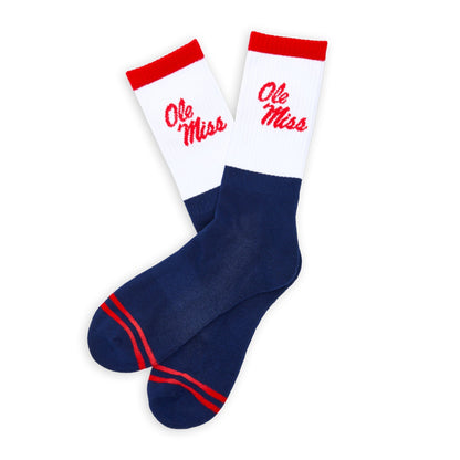 Navy White OM Script Casual Crew SocksLicensed College SocksTorqelo.com