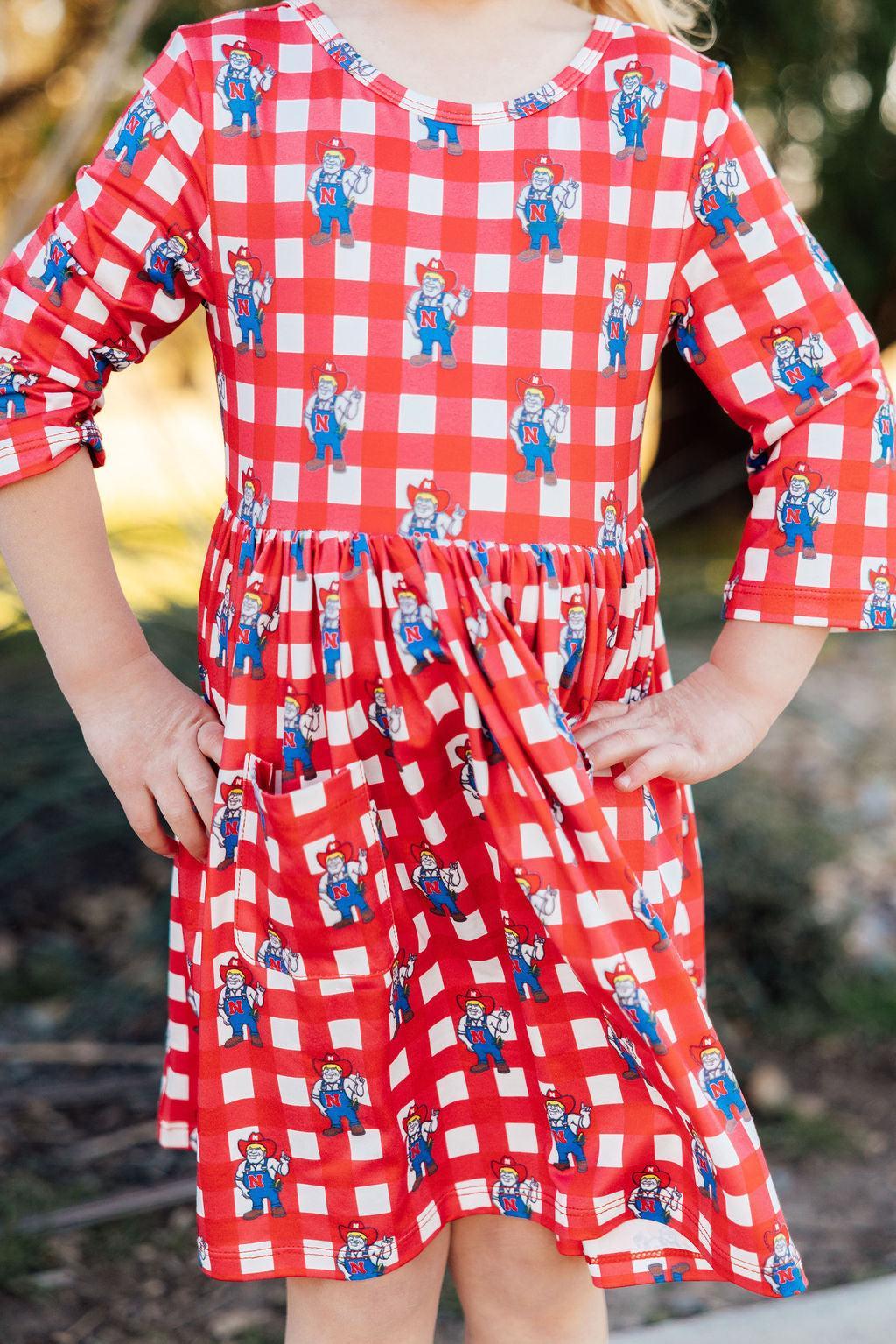 Nebraska Plaid Herbie Husker 3/4 Sleeve Pocket Twirl DressTwirl Dress - 3/4 - PocketTorqelo.com