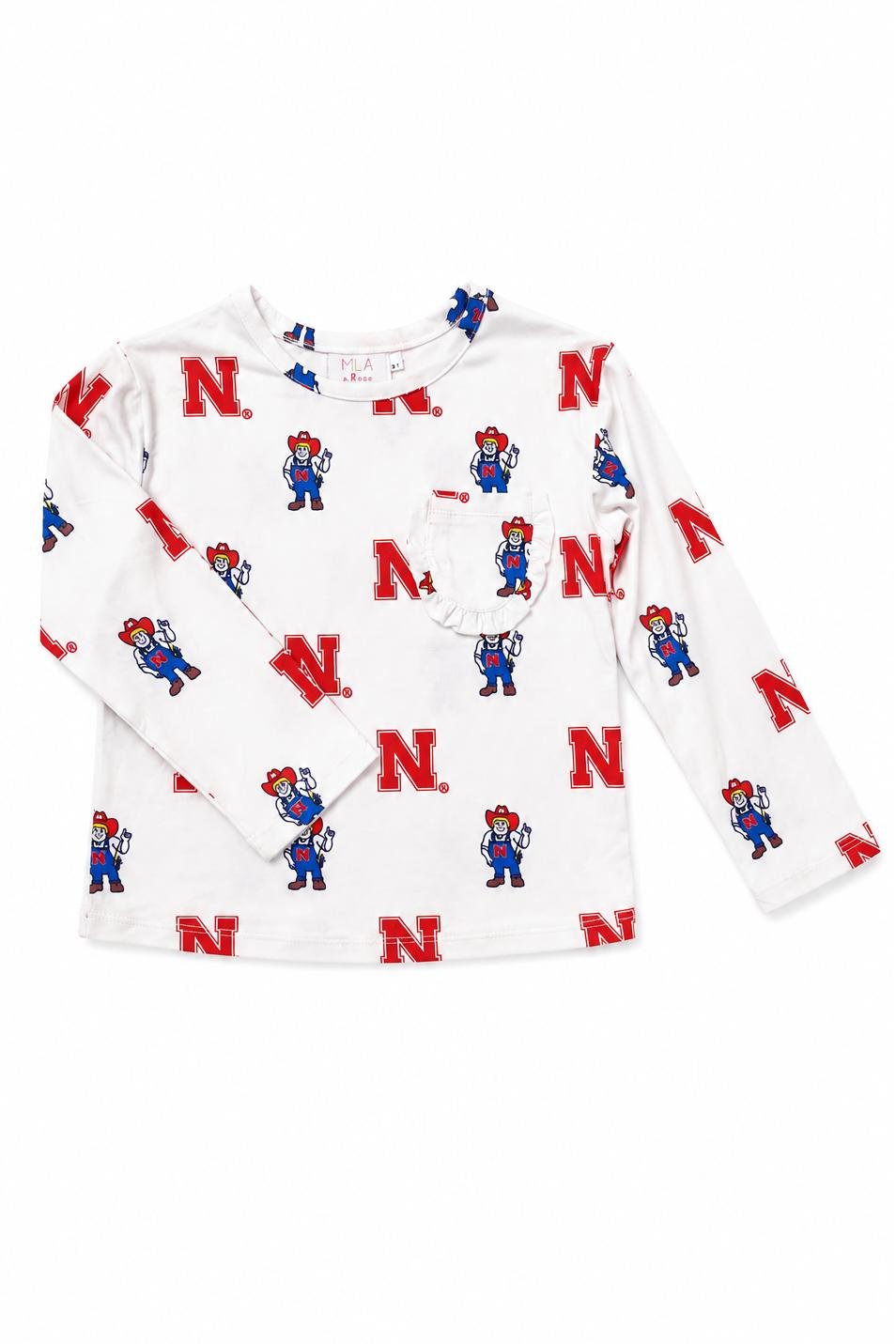 Nebraska White Herbie Husker L/S Ruffle Pocket TeeRuffle Pocket Tee-L/STorqelo.com