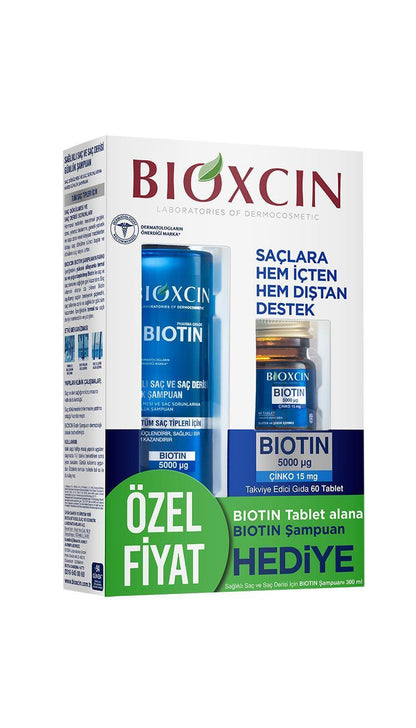 Bioxcin Biotin Supplement and Shampoo Set for Hair Loss Treatment and Hair Health Support by Beauty Care Bag