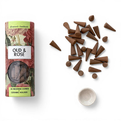 Oud & Rose Incense Cones with Ceramic Holder by Rust & Cinder