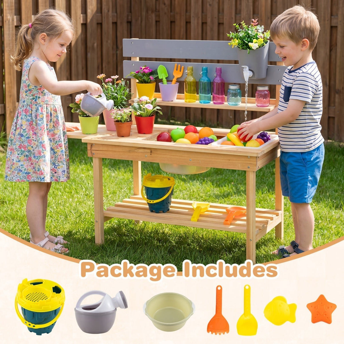 Outdoor Kids Mud Kitchen with Extended Tabletop and Water TankPlay Kitchen SetTorqelo.com