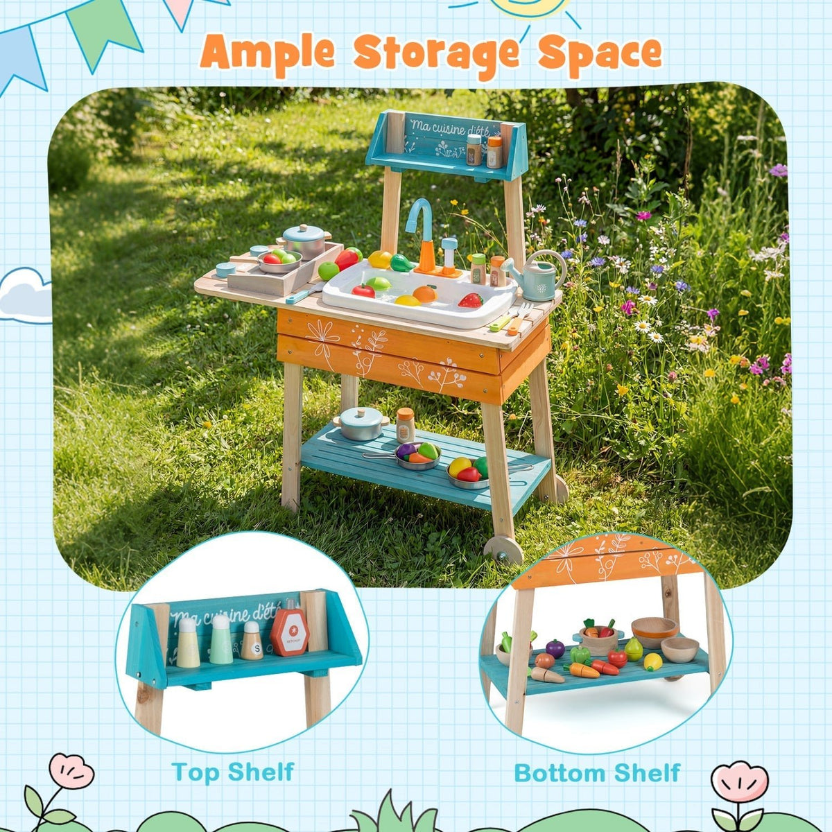 Outdoor Kids Play Kitchen Set Wooden Toy Kitchen Playset with Removable SinkTorqelo.com