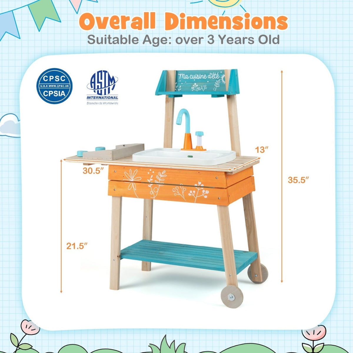 Outdoor Kids Play Kitchen Set Wooden Toy Kitchen Playset with Removable SinkTorqelo.com