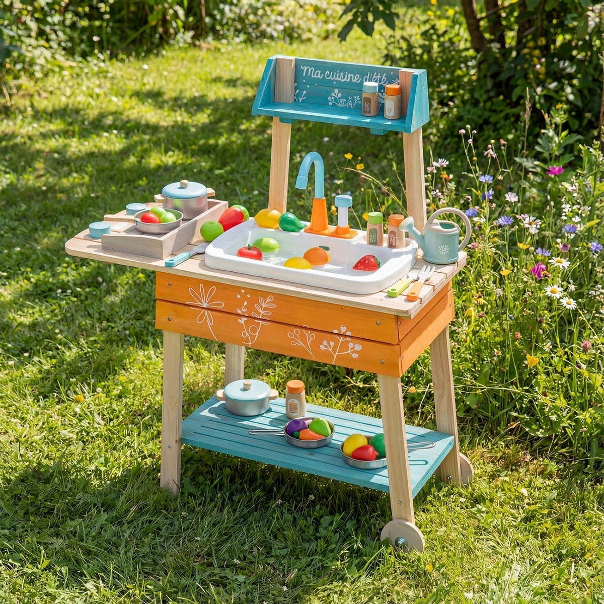 Outdoor Kids Play Kitchen Set Wooden Toy Kitchen Playset with Removable SinkTorqelo.com