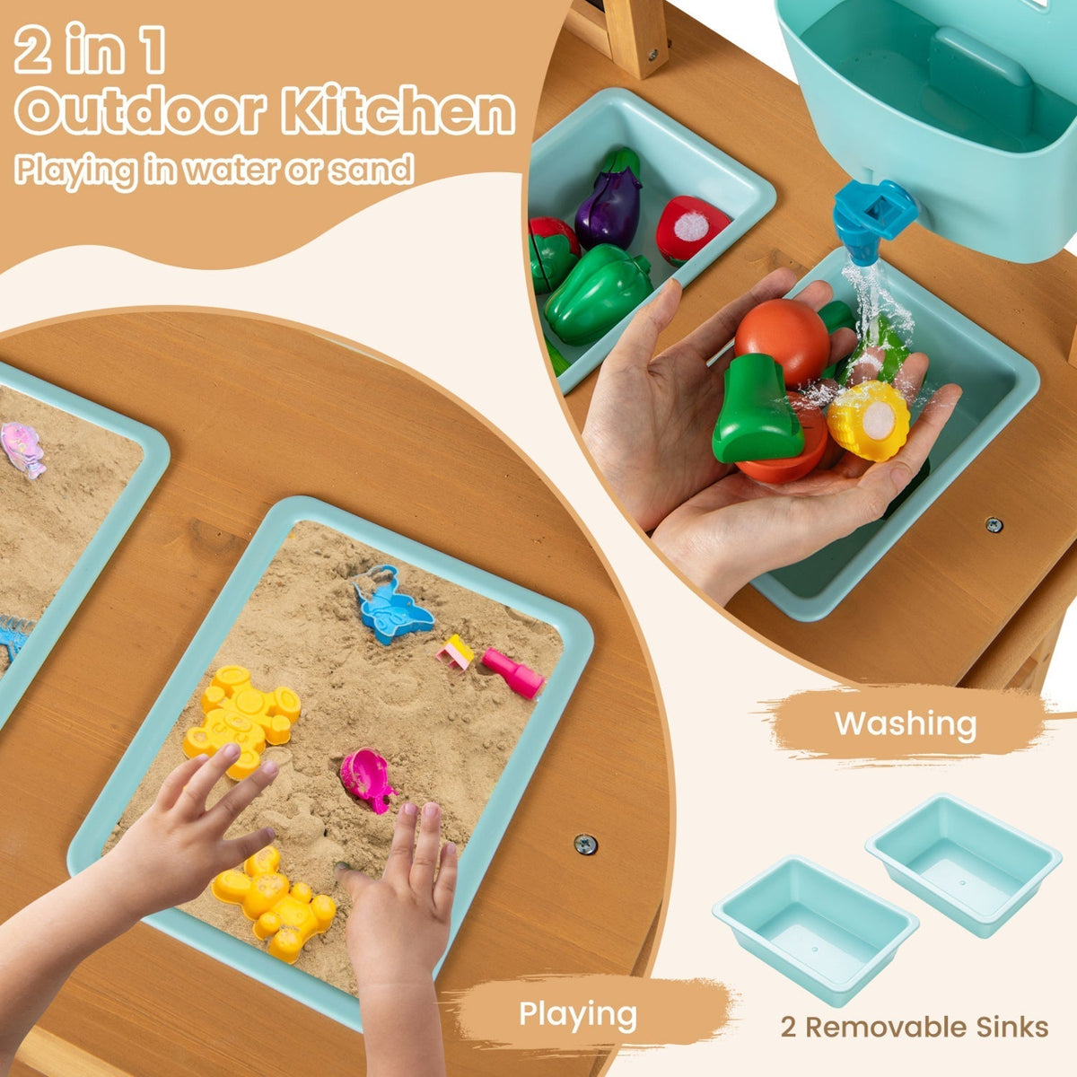 Outdoor Play Pretend Kitchen with Faucet and Removable Sinks for Children Aged 3+Torqelo.com