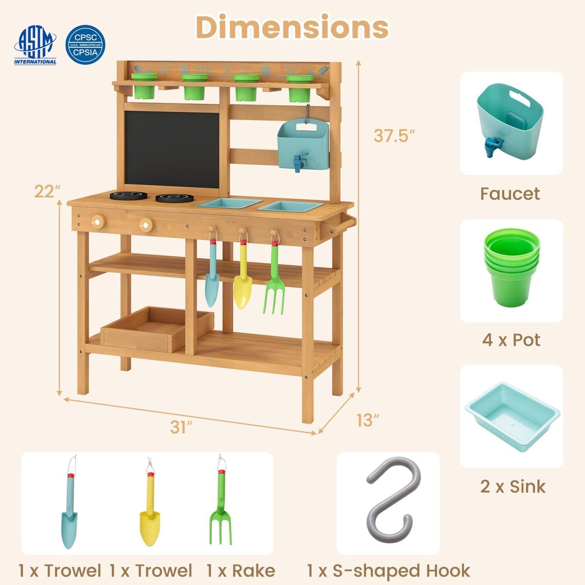 Outdoor Play Pretend Kitchen with Faucet and Removable Sinks for Children Aged 3+Torqelo.com