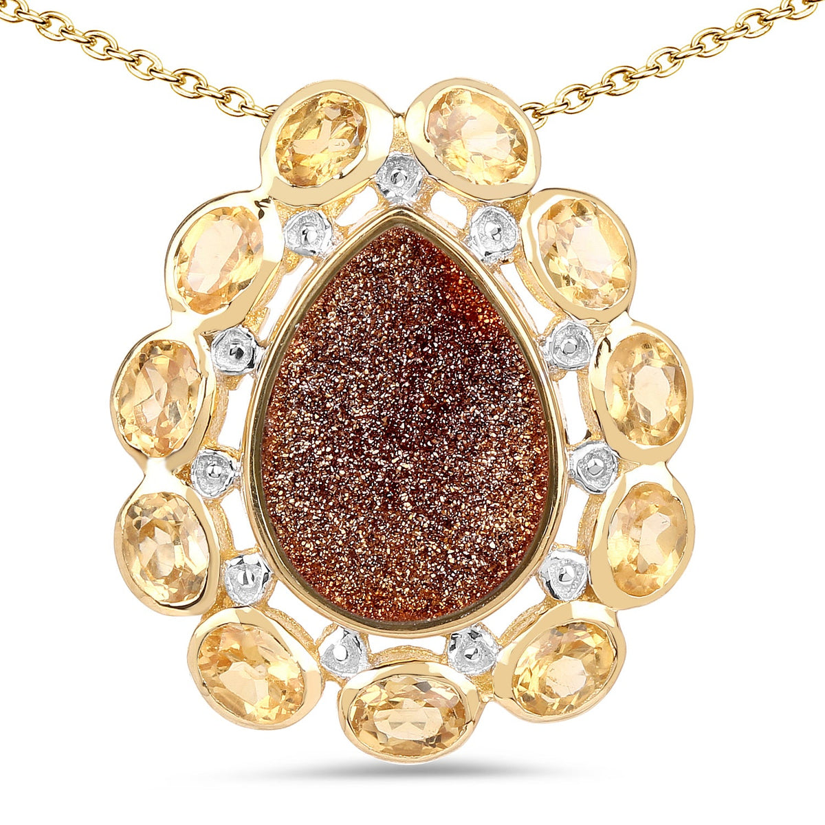 Red drusy quartz and citrine pendant in 14k yellow gold plated sterling silver by Avera Group