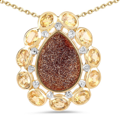 Red drusy quartz and citrine pendant in 14k yellow gold plated sterling silver by Avera Group