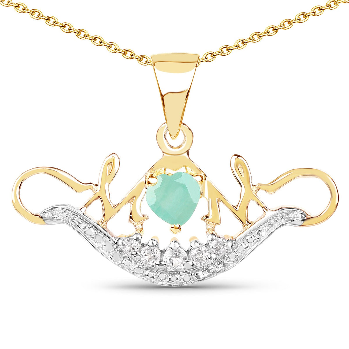 Heart-shape emerald and white topaz pendant in 14k yellow gold plated sterling silver by Avera Group