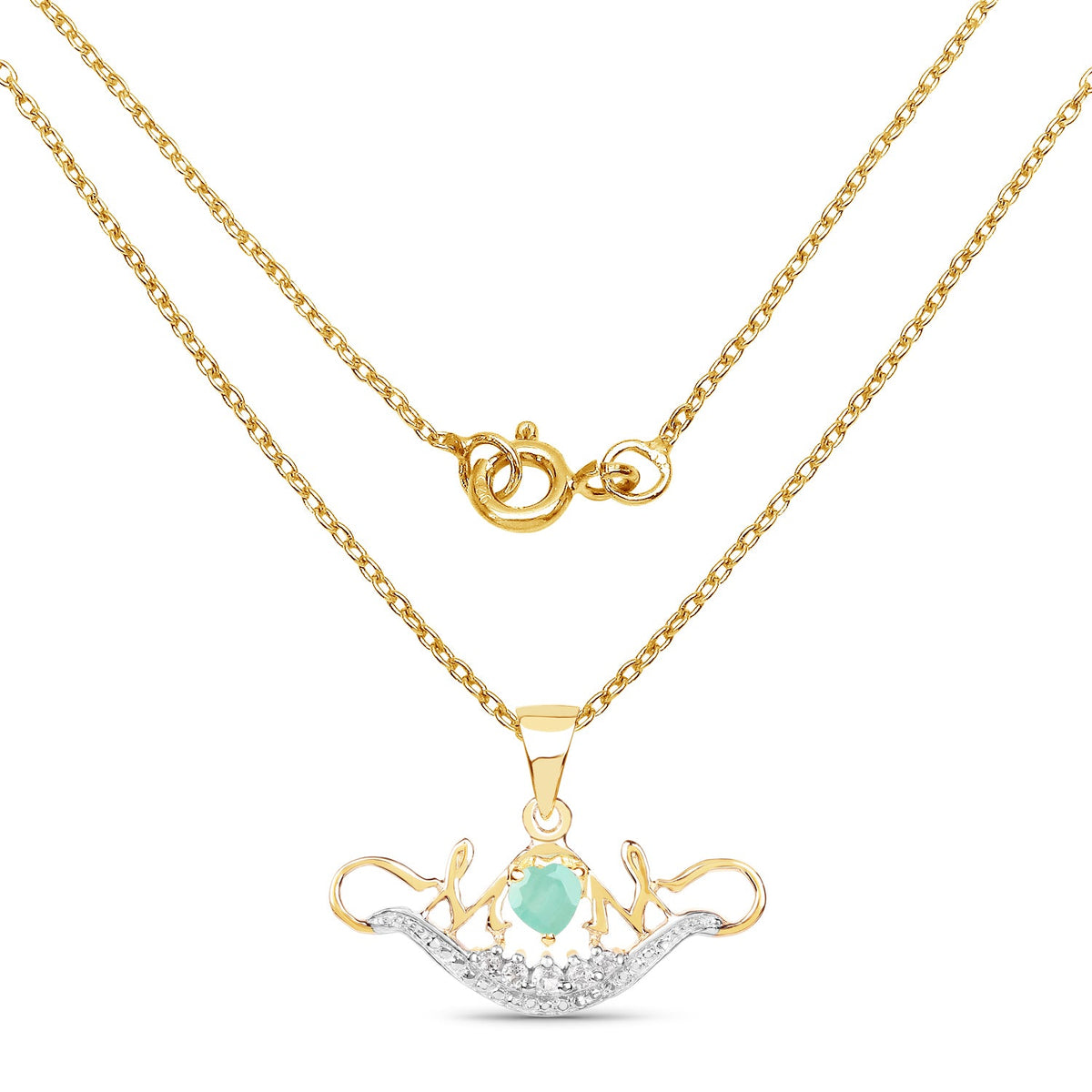 Heart-shape emerald and white topaz pendant in 14k yellow gold plated sterling silver, Avera Group, view 2