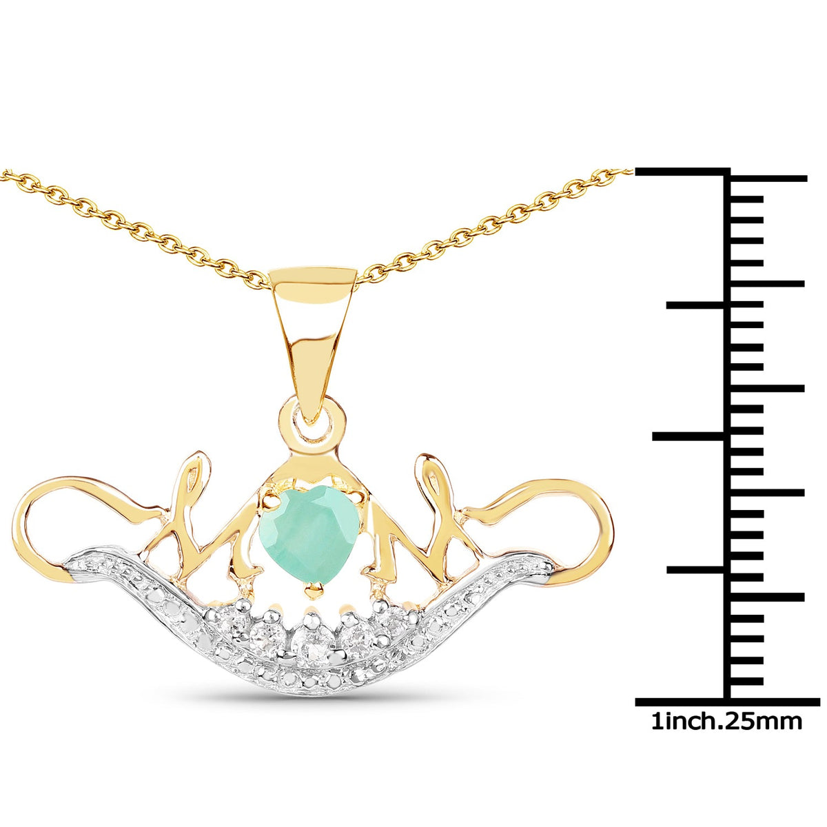 Heart-shape emerald and white topaz pendant in 14k yellow gold plated sterling silver, Avera Group, view 3